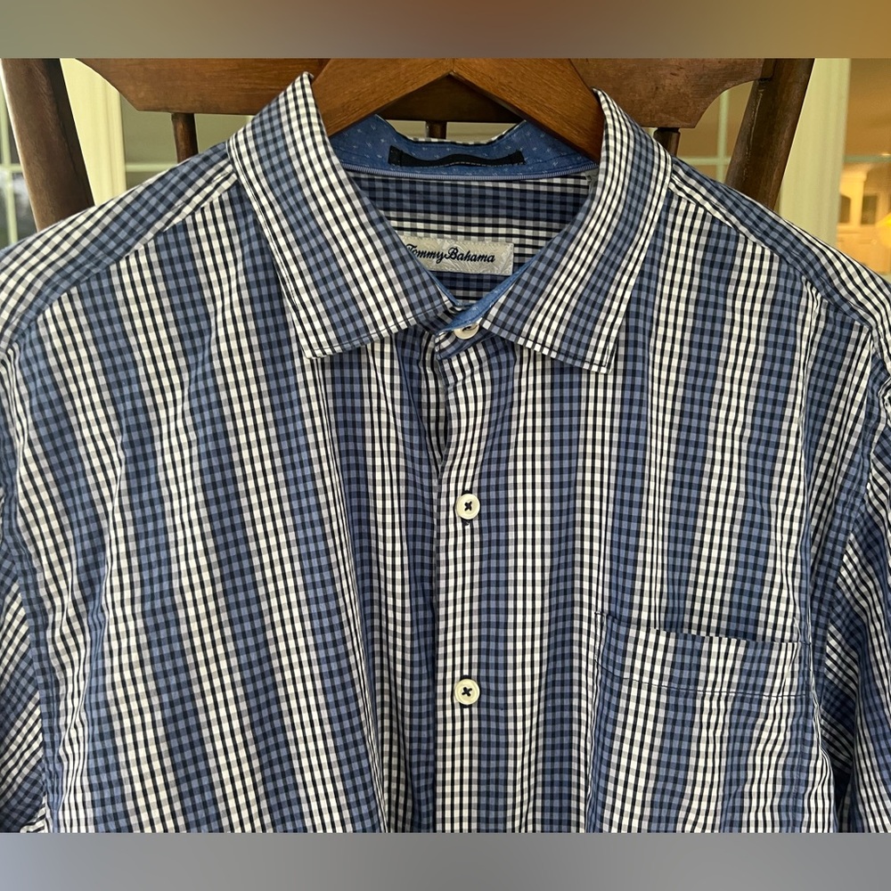 Tommy Bahama Mens L Blue Plaid Gingham Cotton Silk Button Down Shirt Long Sleeve